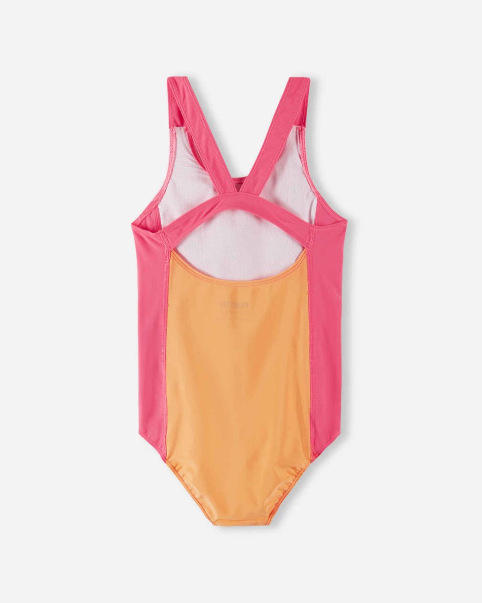Colorblock one-piece swimsuit with mesh back panel and cross-back straps, back view