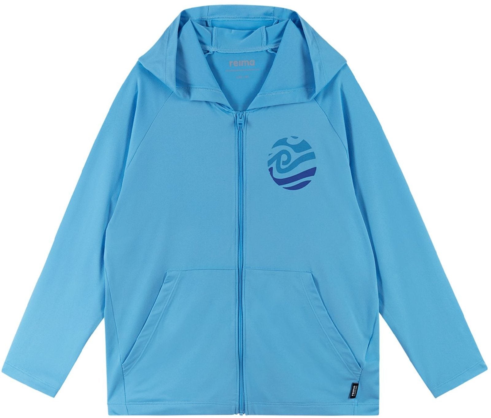 Light blue hooded zip-up jacket with circular wave logo and front kangaroo pocket