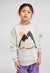 Child wearing grey sweatshirt with colorful mountain design and sun graphic on front