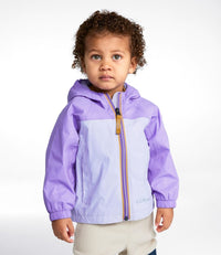 Child wearing purple and light purple colorblock hooded rain jacket with full zip
