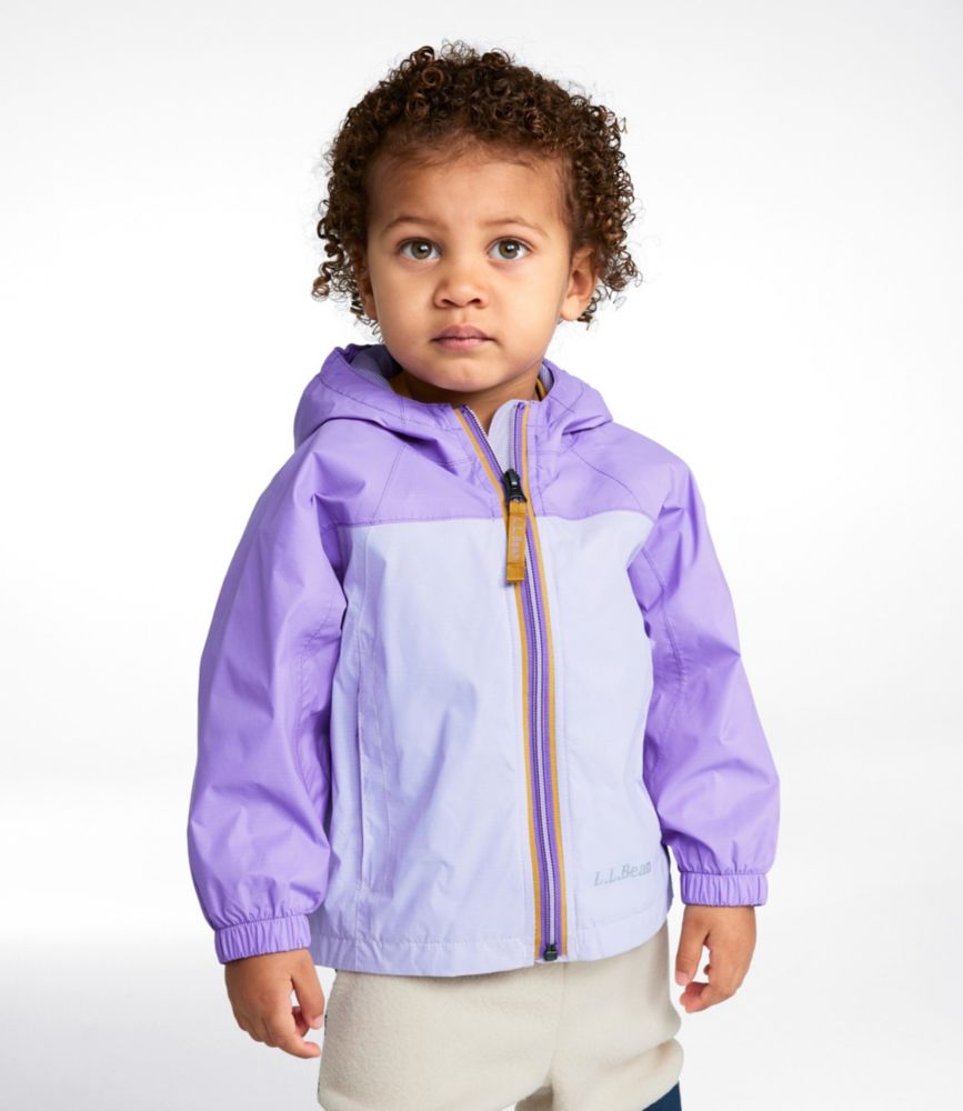 Child wearing purple and light purple colorblock hooded rain jacket with full zip