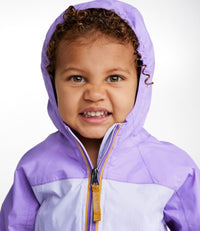 Toddler wearing purple and white colorblock hooded rain jacket with front zip