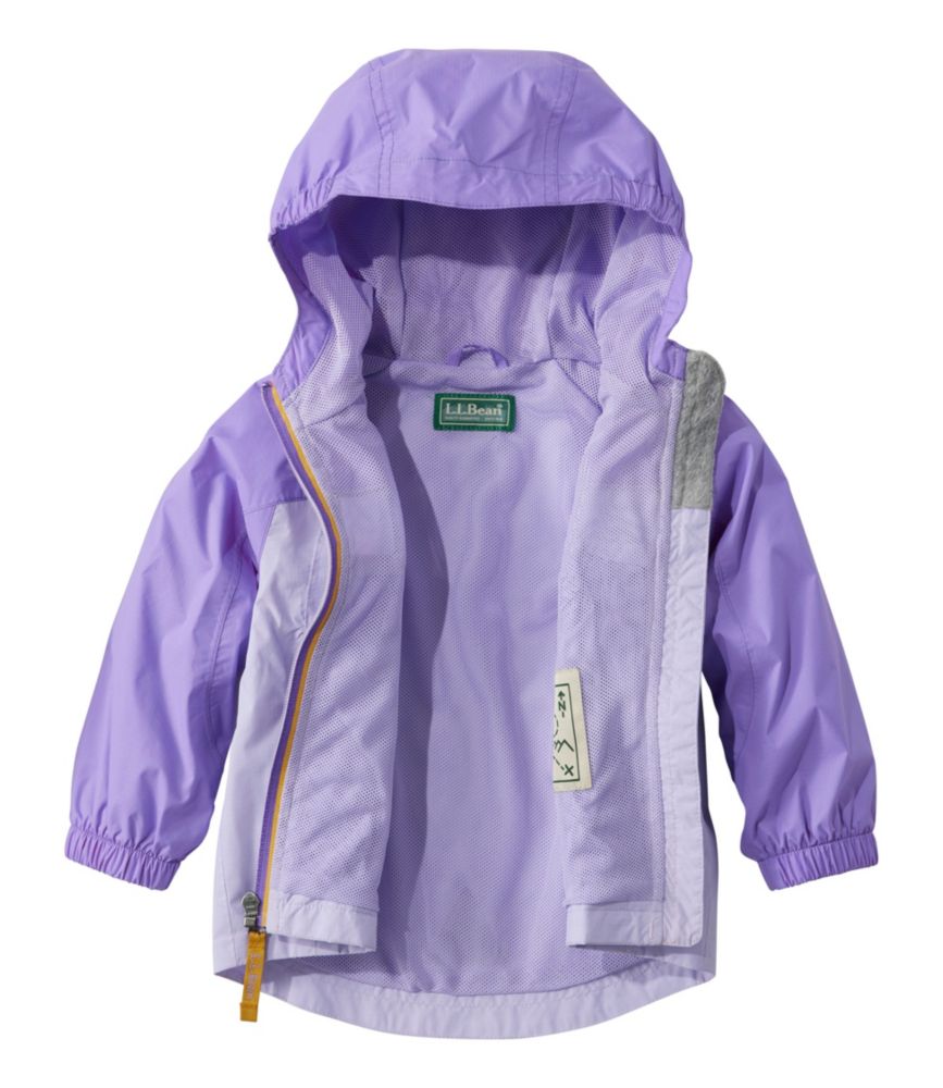 Purple colorblock hooded rain jacket with zip closure and mesh lining, front view