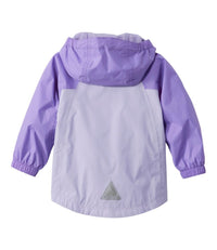 Children's hooded rain jacket with purple sleeves and light purple body, back view