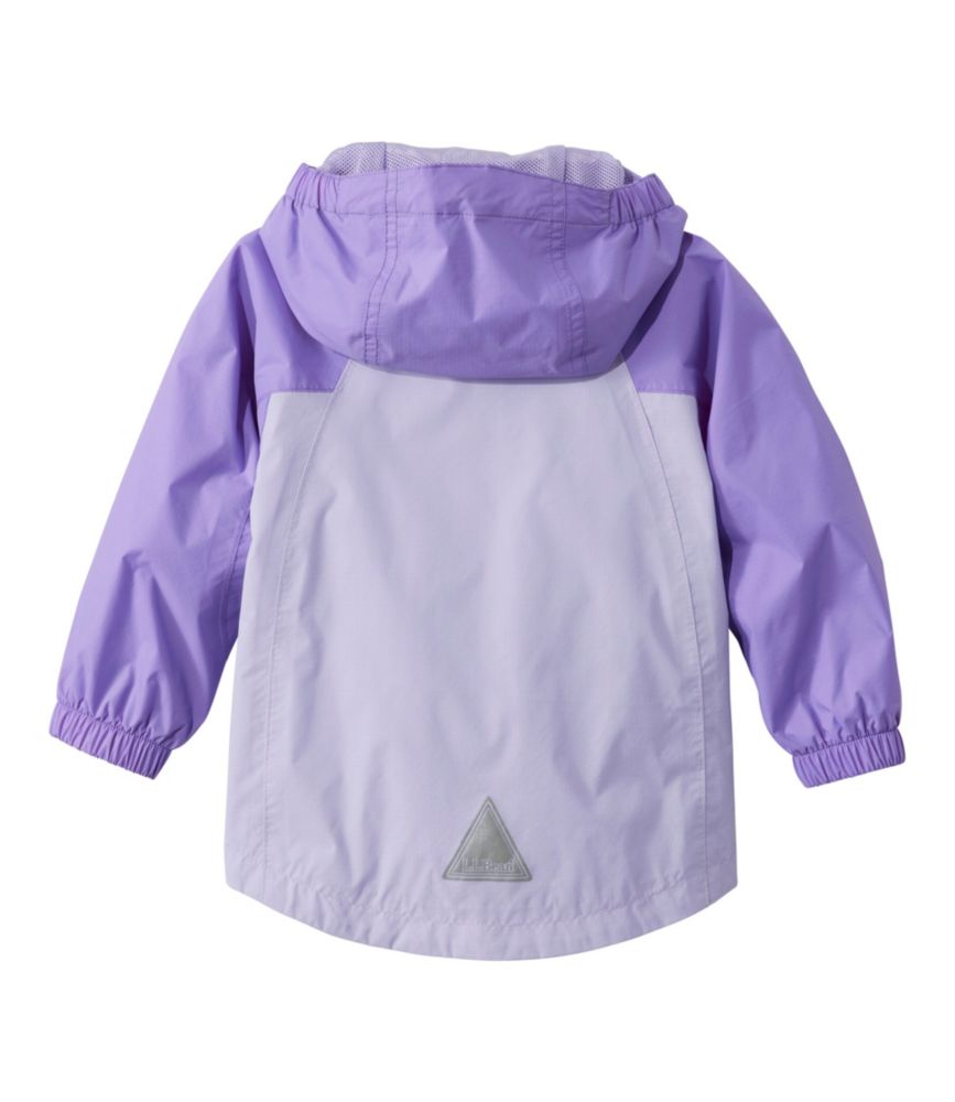 Children's hooded rain jacket with purple sleeves and light purple body, back view