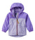 Purple and lavender colorblock rain jacket with hood and front zip for children