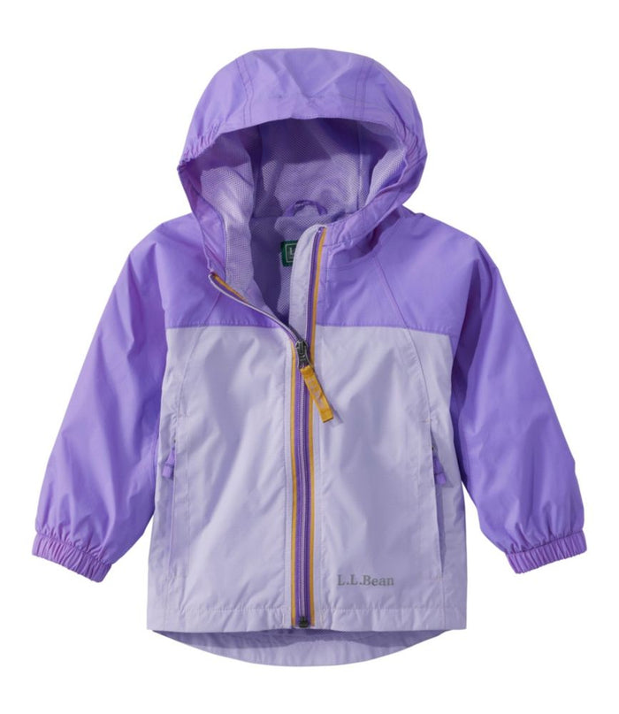 Purple and lavender colorblock rain jacket with hood and front zip for children
