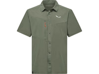 Olive green short sleeve button-up shirt with chest pockets, front view