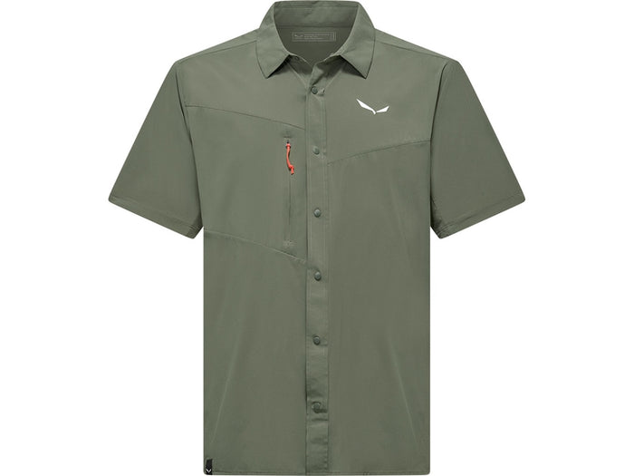 Olive green short sleeve button-up shirt with chest pockets, front view