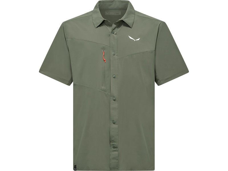 Olive green short sleeve button-up shirt with chest pockets, front view