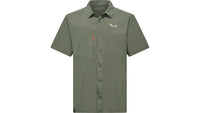 Olive green short sleeve button-up shirt with chest pocket, front view