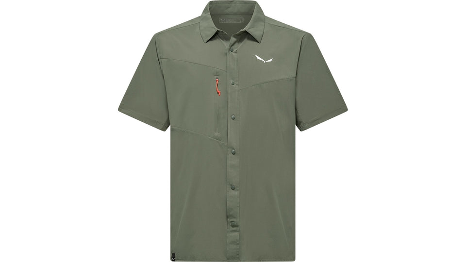 Olive green short sleeve button-up shirt with chest pocket, front view