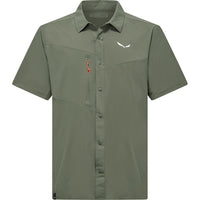 Olive green short-sleeve button-up shirt with chest pocket and collar, front view