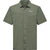 Olive green short-sleeve button-up shirt with chest pocket and collar, front view