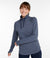 Women's textured crossneck pullover with funnel neck and drawstring, front on-model view