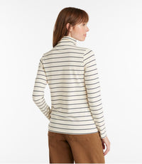 Striped turtleneck sweater with horizontal navy stripes on cream background, back view