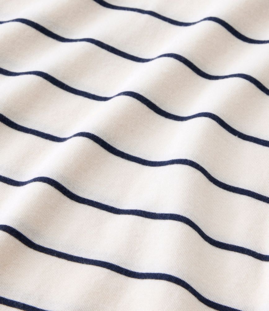 Striped knit fabric with navy horizontal lines on cream background, showing fabric texture and drape