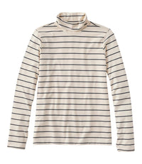 Striped turtleneck long sleeve shirt in cream and navy horizontal stripes, front view