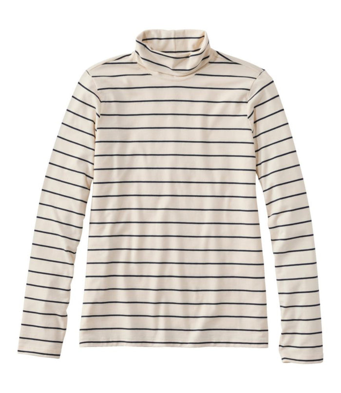 Striped turtleneck long sleeve shirt in cream and navy horizontal stripes, front view