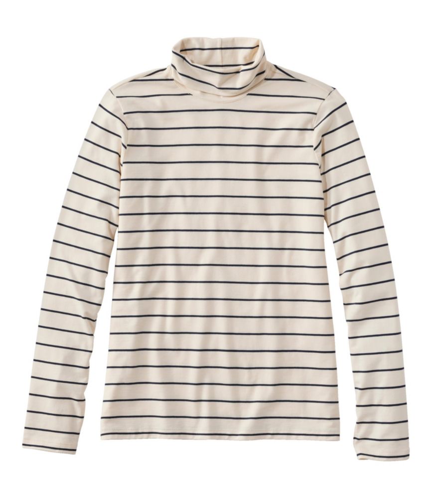 Striped turtleneck long sleeve shirt in cream and navy horizontal stripes, front view