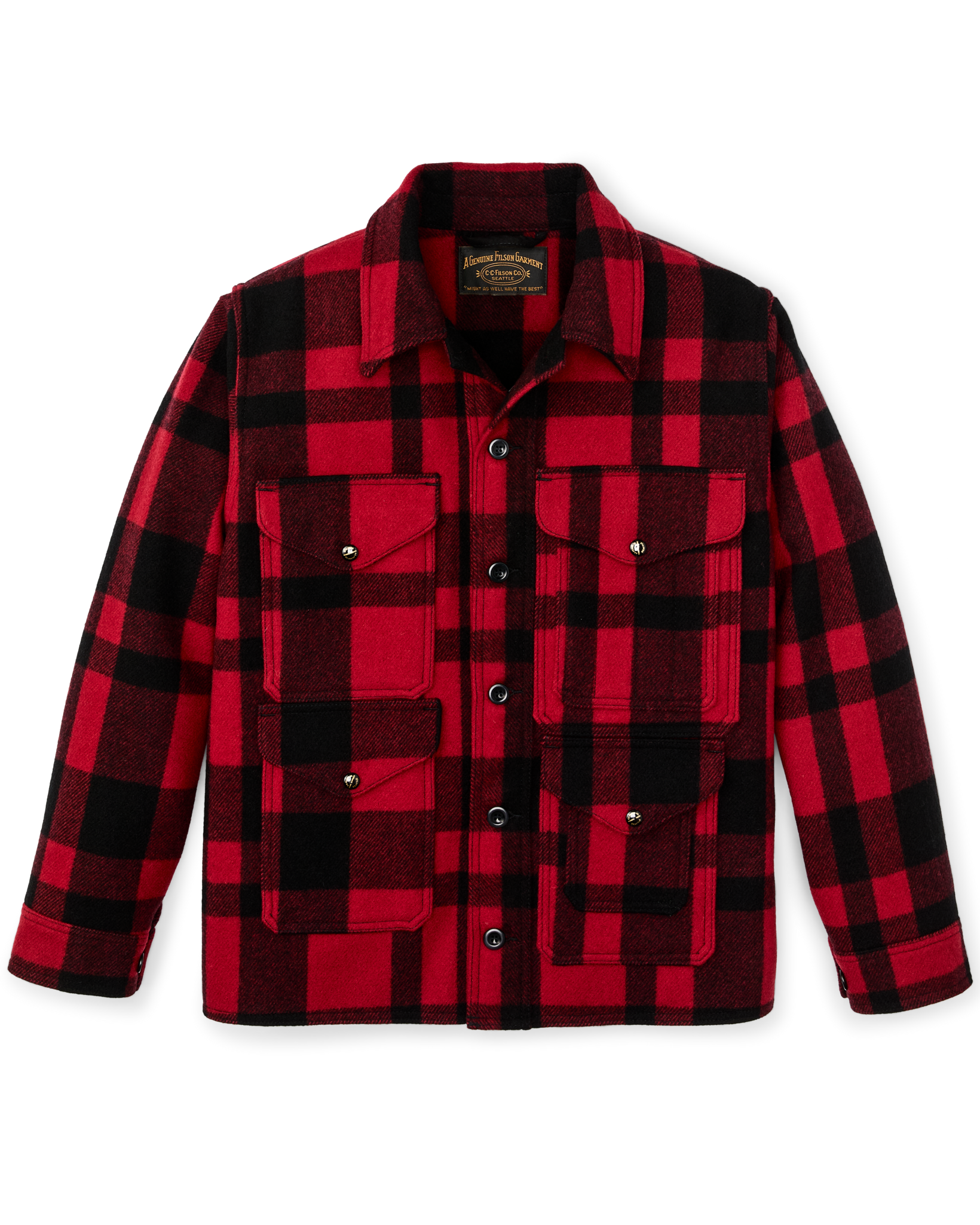 Red and black plaid wool cruiser jacket with four front pockets and snap buttons, front view