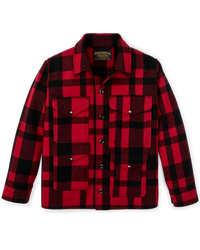 Red and black plaid wool cruiser jacket with four front pockets and snap buttons, front view