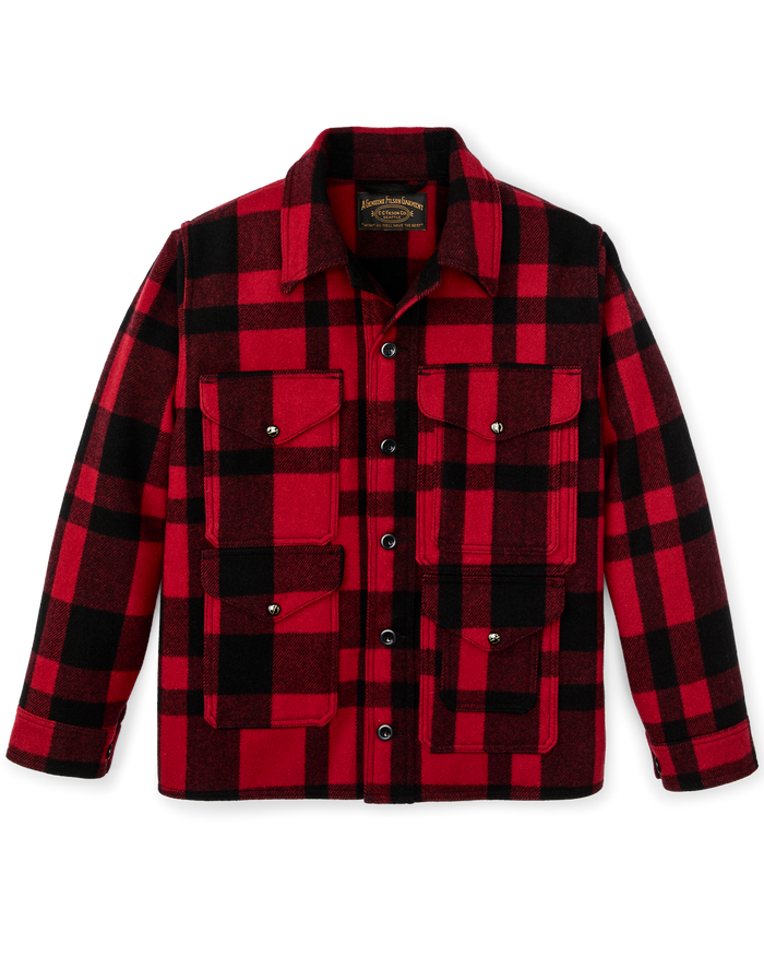 Red and black plaid wool cruiser jacket with four front pockets and snap buttons, front view