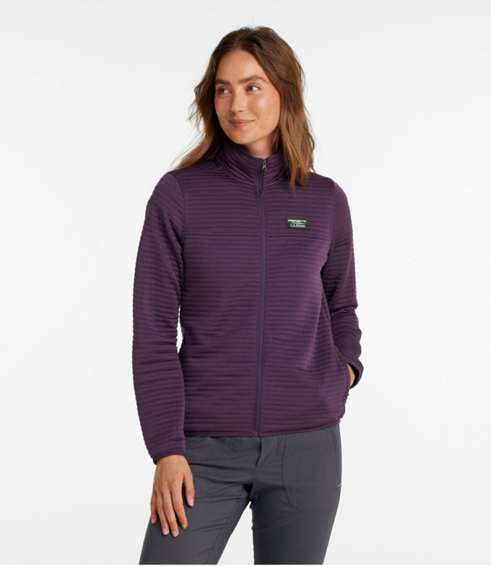 Women's full-zip fleece jacket in deep purple with horizontal ribbed texture, front view