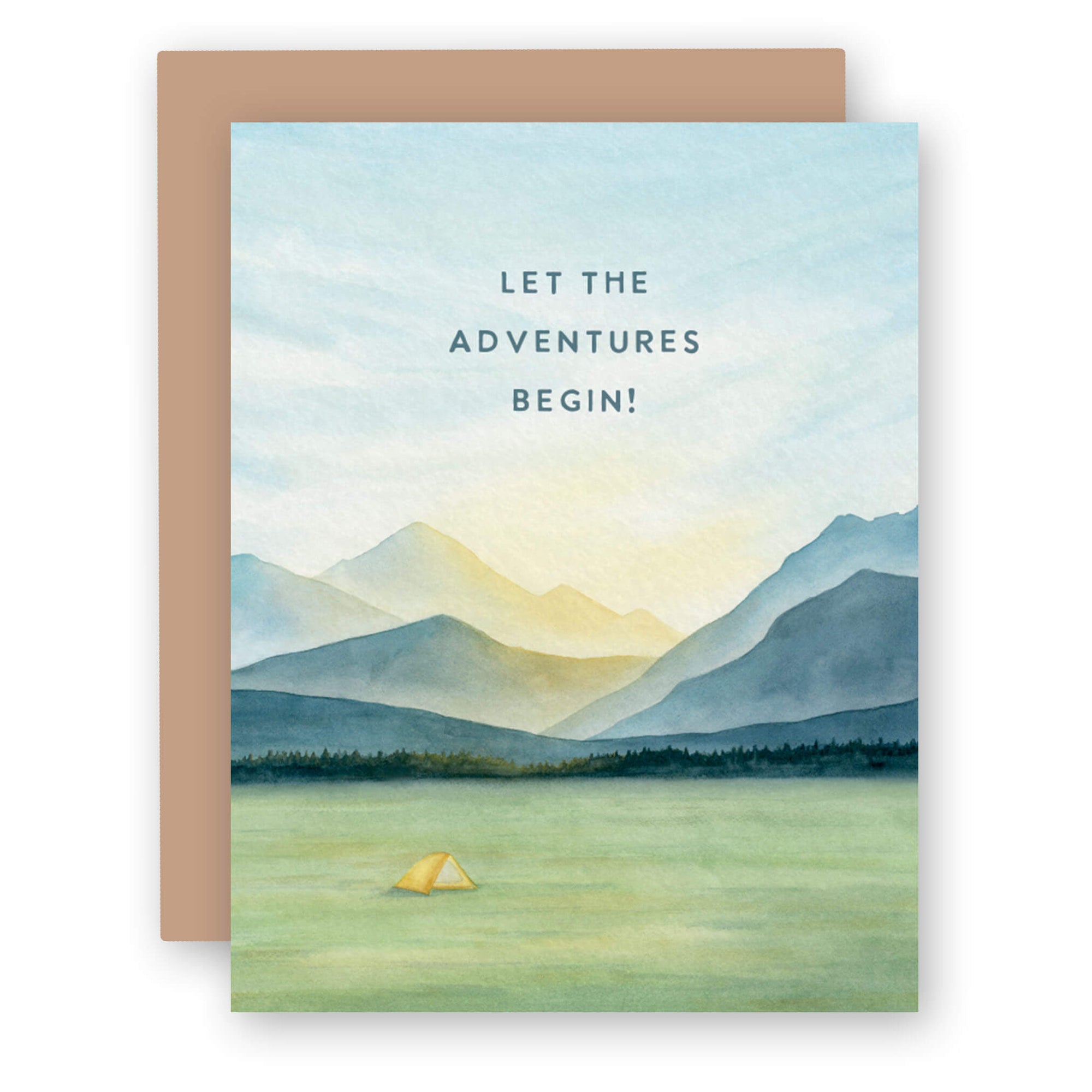 Greeting card with watercolor mountain landscape design and brown envelope, featuring camping tent
