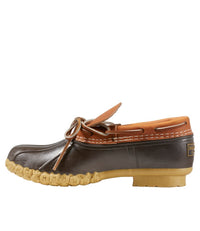 Low-cut rubber moc shoe with tan leather upper, lace tie, and chunky gum outsole, side view