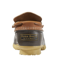 Rear view of rubber moc shoe showing brown leather upper, dark rubber lower, and tan outsole