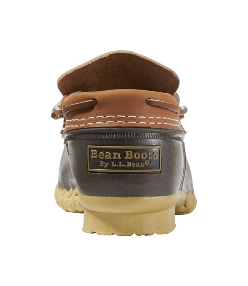 Rear view of rubber moc shoe showing brown leather upper, dark rubber lower, and tan outsole