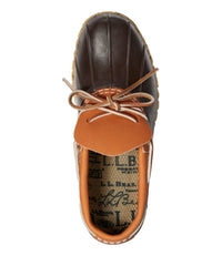 Top-down view of a rubber moc shoe with brown toe cap, tan leather upper, and bow lacing