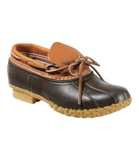 Low-cut rubber moc shoe with tan leather upper, lace detail, and textured gum outsole, side view