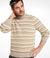 Men's striped crewneck sweater in natural tones, worn on model, front view