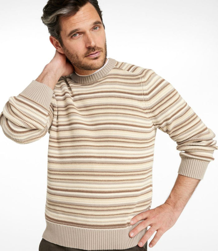 Men's striped crewneck sweater in natural tones, worn on model, front view
