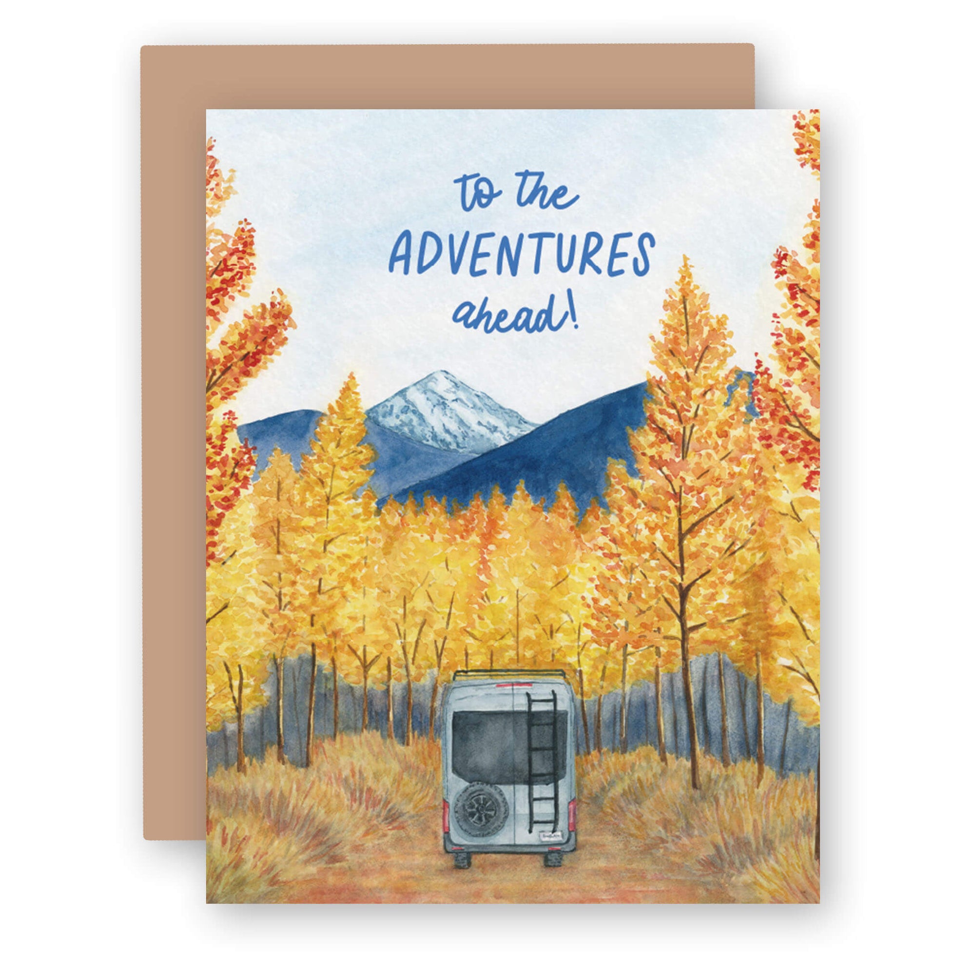 Greeting card showing watercolor autumn landscape with camper van, mountains, and golden trees