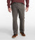 Men's straight-leg five-pocket pants in dark ash gray, front view, worn with brown suede shoes