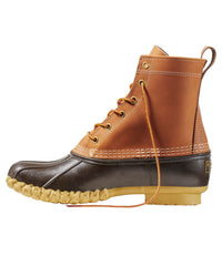 8-inch lace-up duck boot with tan leather upper, dark brown rubber toe box, and chunky gum outsole