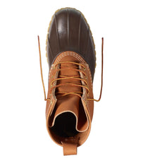 Top-down view of a lace-up duck boot with brown rubber toe and tan leather upper