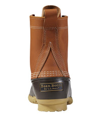Duck boot rear view showing tan leather upper, dark brown rubber shell, and gum sole
