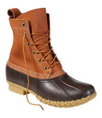 Tall lace-up duck boot with tan leather upper, dark brown rubber toe and gum outsole, side view