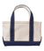 Small canvas tote bag with navy blue handles, bottom trim, and contrast stitching, front view