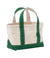 Small canvas tote bag with green handles, bottom trim, and natural cream body, angled view