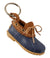 Miniature duck boot keychain with navy rubber sole and tan leather upper with laces
