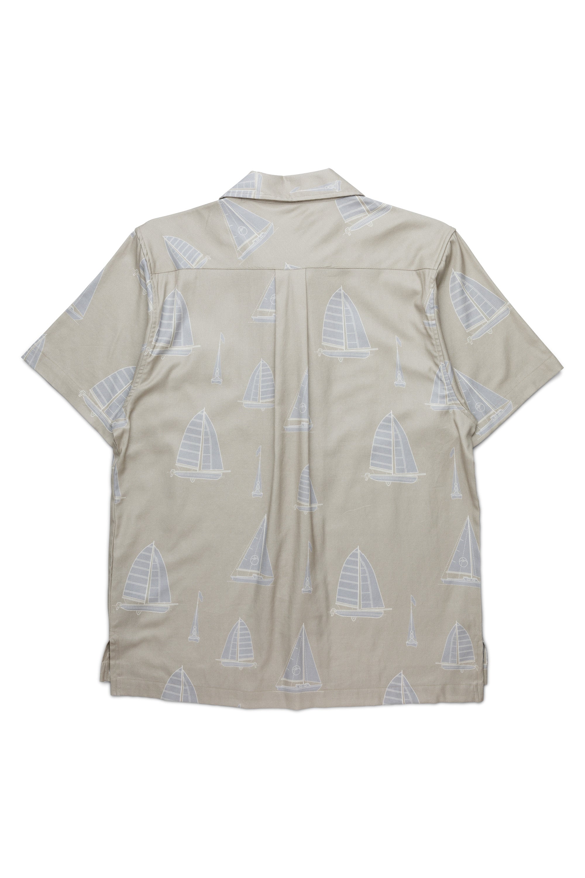 Short-sleeve button-up shirt with sailboat print pattern, back view on white background