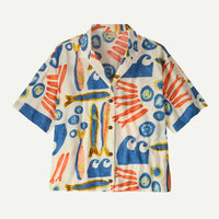 Short-sleeve button-up shirt with surfboard and wave print pattern on cream background