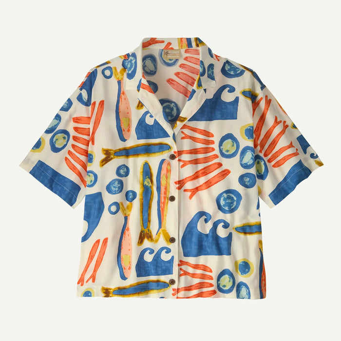 Short-sleeve button-up shirt with surfboard and wave print pattern on cream background