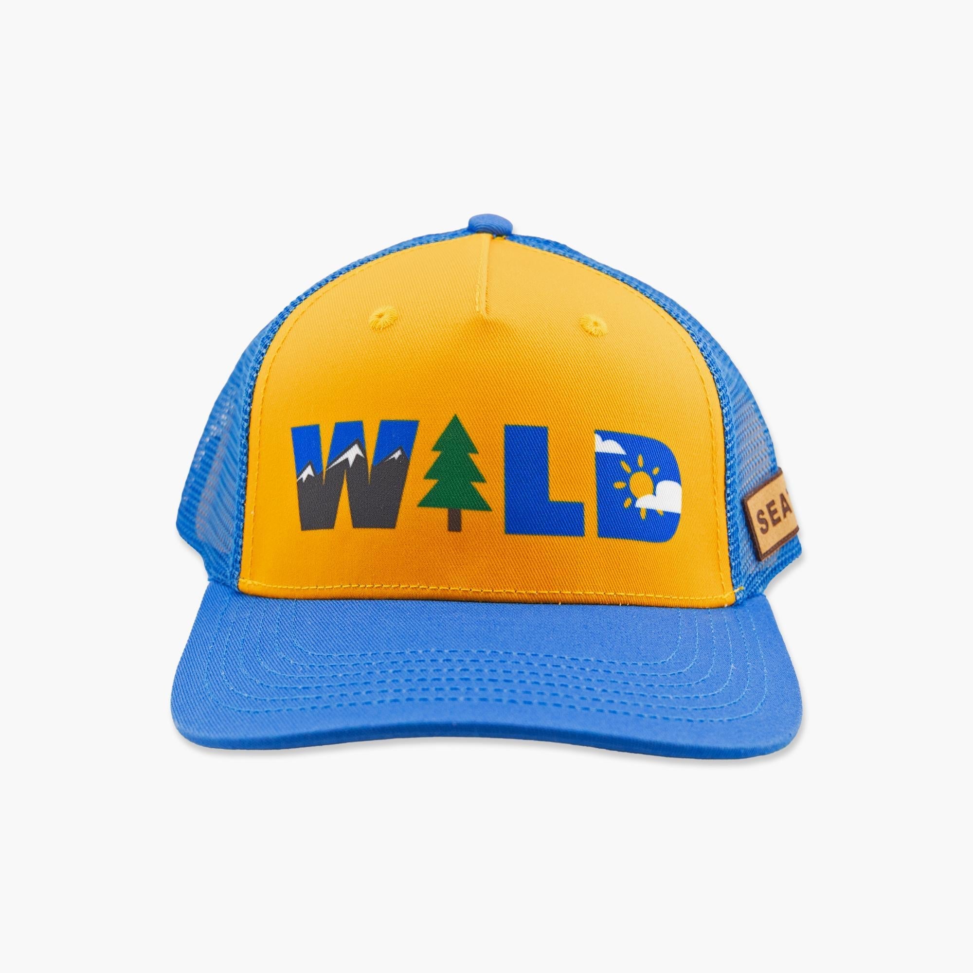 Yellow and blue trucker cap with WILD graphic featuring mountain, tree, and sun icons