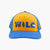 Yellow and blue trucker cap with WILD graphic featuring mountain, tree, and sun icons